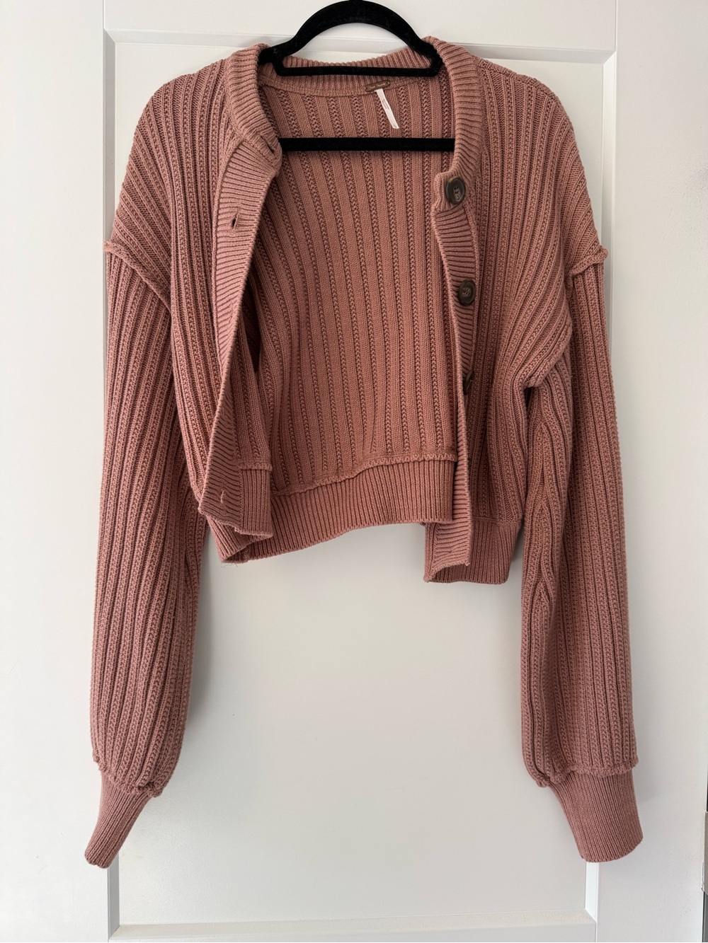 NWOT- Women Free People Sweater Cardigan - Dusty Rose Cropped Rib Knit Size L